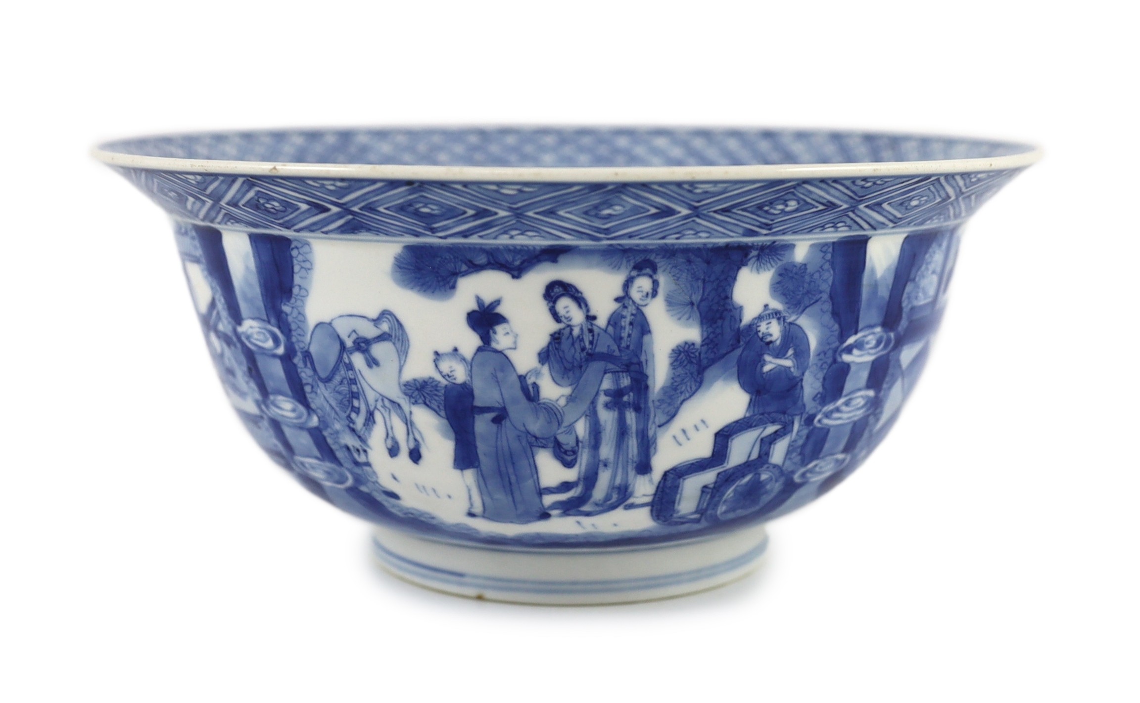 A fine Chinese blue and white ‘Xi Xiang Ji’ bowl, Kangxi six character mark and of the period (1662-1722) 19.9cm diameter, wood stand